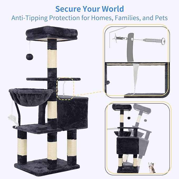 Heybly Cat Tree with Toy, Cat Tower Condo for Indoor Cats, Cat House with Padded Plush Perch, Cozy Hammock and Sisal Scratching Posts, Smoky Gray HCT004SG