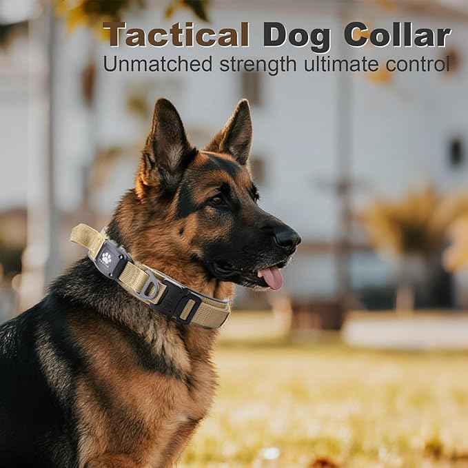 2026 Upgrade Dog Collar with IPX8 Waterproof AirTag Holder,Military Tactical Comfortable Control Handle and Ultra-Durable Metal Buckle/Night Reflective,GPS Collar for Medium to Large Dog（Khaki/L）