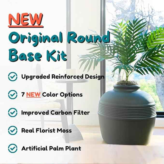 Good Pet Stuff Hidden Litter Box Planter, Decorative Cat Litter Enclosure with Carbon Filter, Artificial Plant, Easy Clean, Improved Design, Round Style, Base Kit, Matte Black