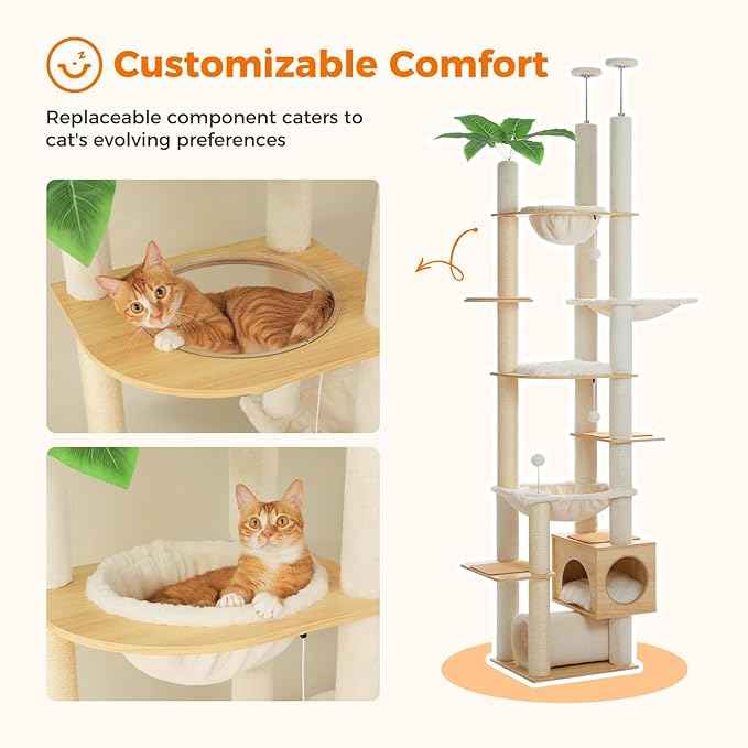 PETEPELA Floor to Ceiling Cat Tree,93.3''-100.8'' Height Adjustable Wooden Cat Tower, Tall Modern Climbing Tree with Large Hammock, Soft Perch and Scratching Post for Indoor Cats Large Adult, Beige