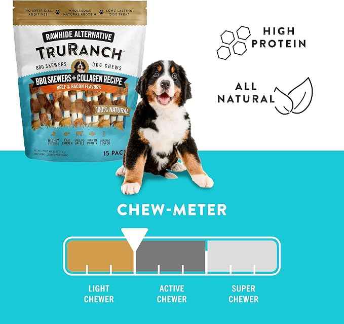 TRURANCH 5" BBQ Collagen Skewers - Collagen Dog Chews - Long Lasting Healthy Joint Support Dog Treat - Rawhide Alternative - Skin & Coat Health, 1 Bag, 15 Count