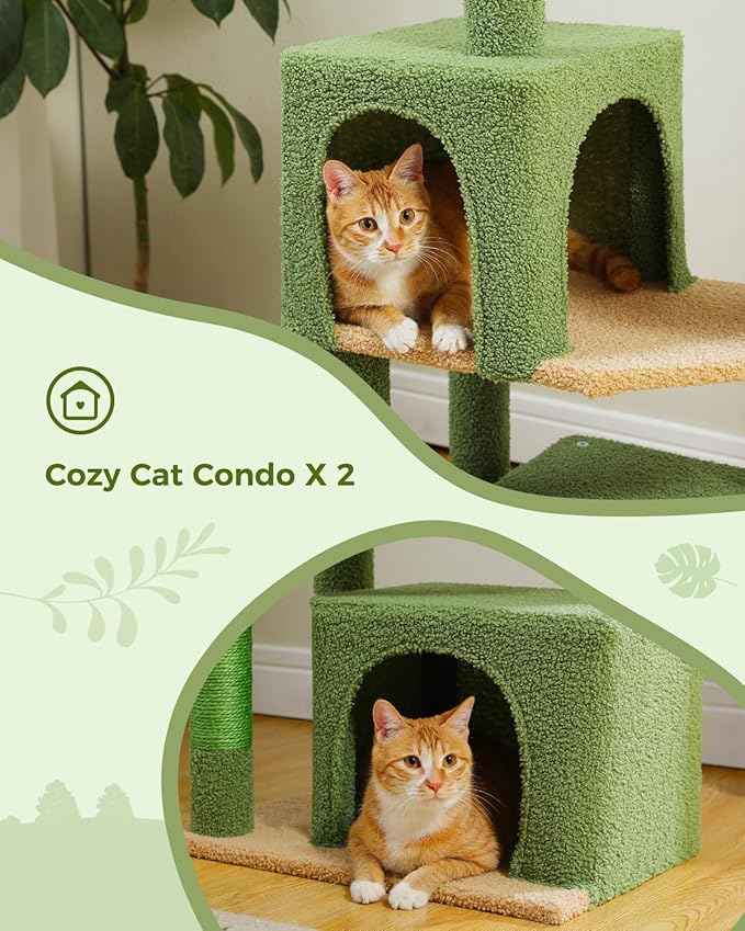 53-Inch Green Cat Tree with 2 Condos for Indoor Cats,Cat Tower with Scratching Posts for Small Cats,Cactus Cat Tree Tower with Hammock and Cat Toys
