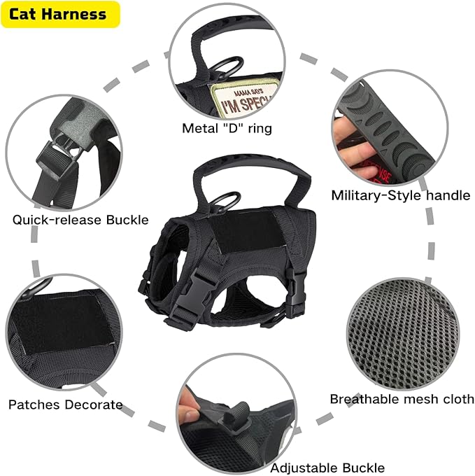 Tactical Cat Harness and Leash Set Soft Mesh Adjustable Large Cat Vest with Rubber Handle Easy to Control for Large Cat Small Dog Outdoor Walking