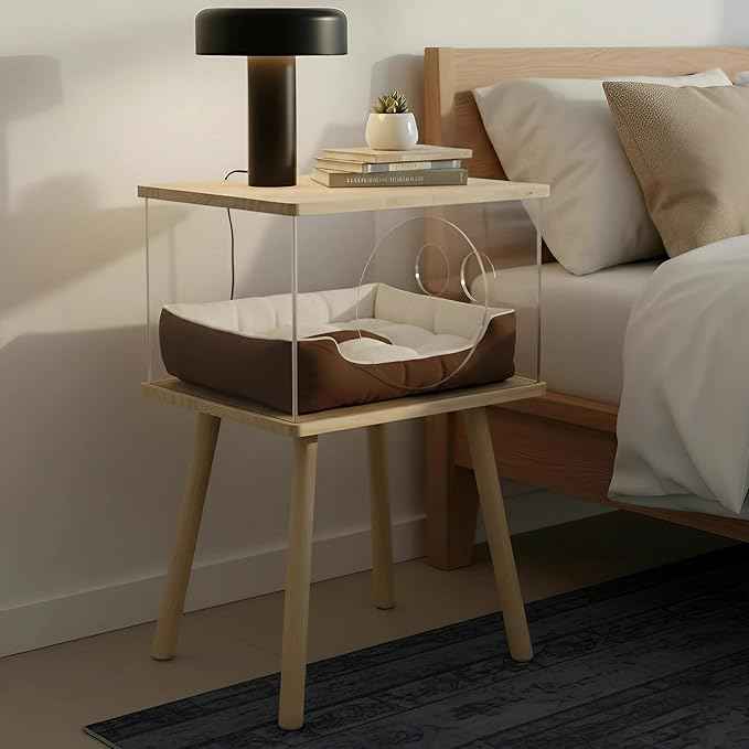 Cat Bedside Table with Acrylic Guardrail | Modern Cat & Dog Bed | Multifunctional Pet Bedside Cabinet | Cat Beds for Indoor Cats