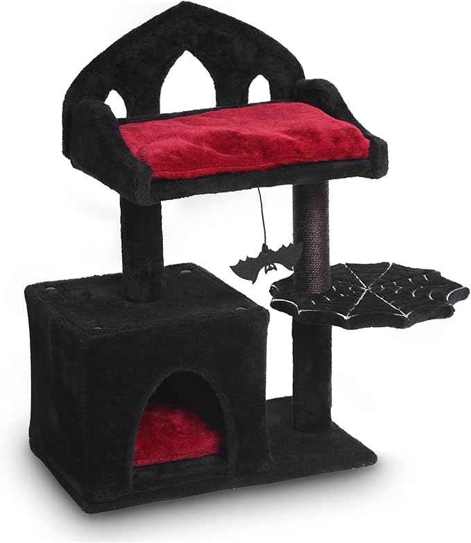 Gothic Cat Tree - 28in Black Cat Condo with Regal Throne Bed, Spooky Hanging Bat and Durable Sisal Scratching Post - Goth Cat Tree for Majestic Rest
