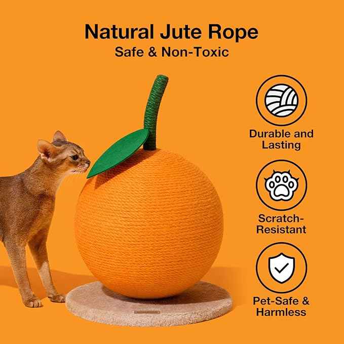 VETRESKA Orange Cat Scratching Post, Cute Cat Scratcher with Jute Rope, Vertical Cat Scratch Post for Indoor Cat and Kitten, Cat Scratching Ball