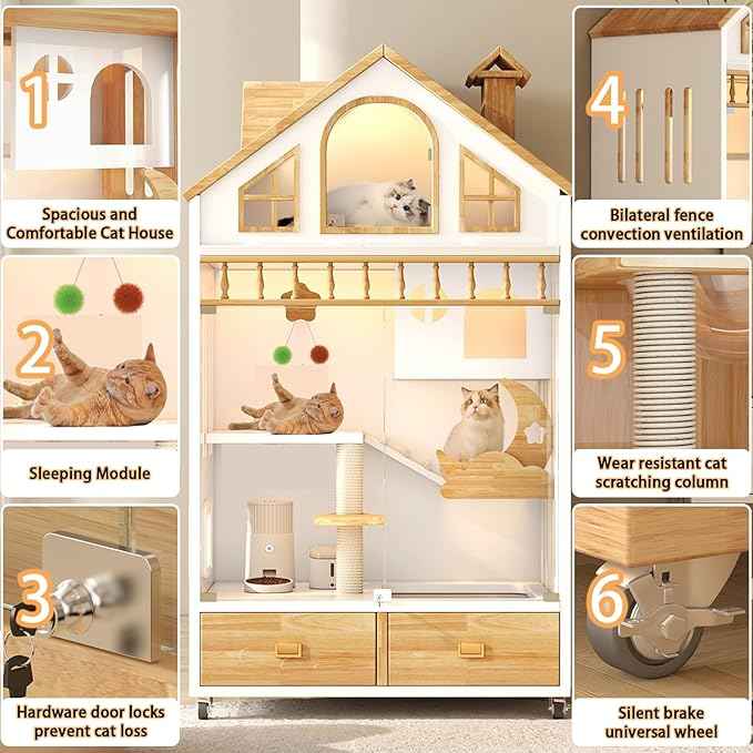 Enclosed Cat Condo, Large Wooden Cats House Indoor Cage Cat Enclosure on Wheels, Multi-Feature Enclosed Condo with Litter Box Drawer for Indoor Cats,63" X 35" X 24" (White, 63" X 35" X 24")