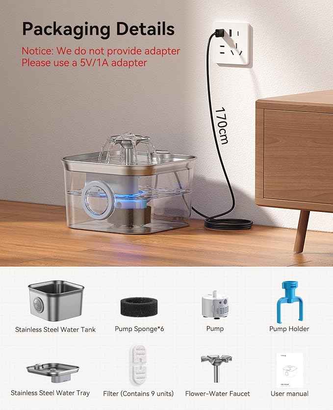 Stainless Steel Cat Water Fountain, 2.8L with 20dB Ultra-Quiet Pump- Ideal for Timid Pets, LED Water Level Window, Dishwasher Safe, 24/7 Circulation- Includes 9 Replacement Filters