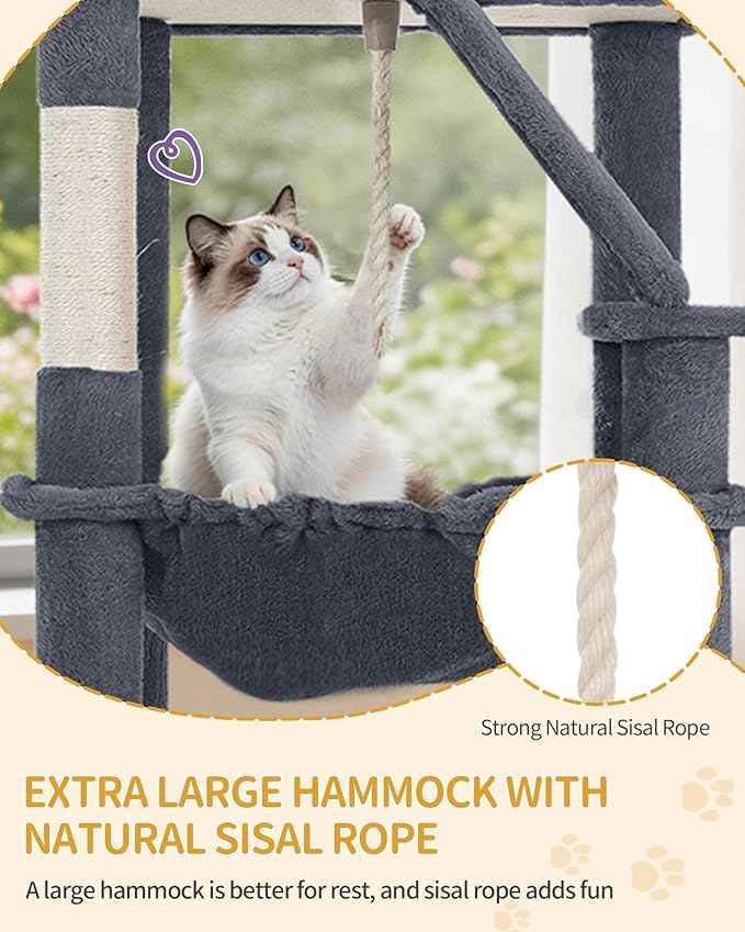 Large Cat Tree, 72 Inch Tall Indoor Cat Tower for 6 Large Cats, Corner Climbing Activity Pet Condo with 2 Large Platforms/2 Cats House/6 Scratching Post/1 Hanging Basket, Dark Gray MS18318SG