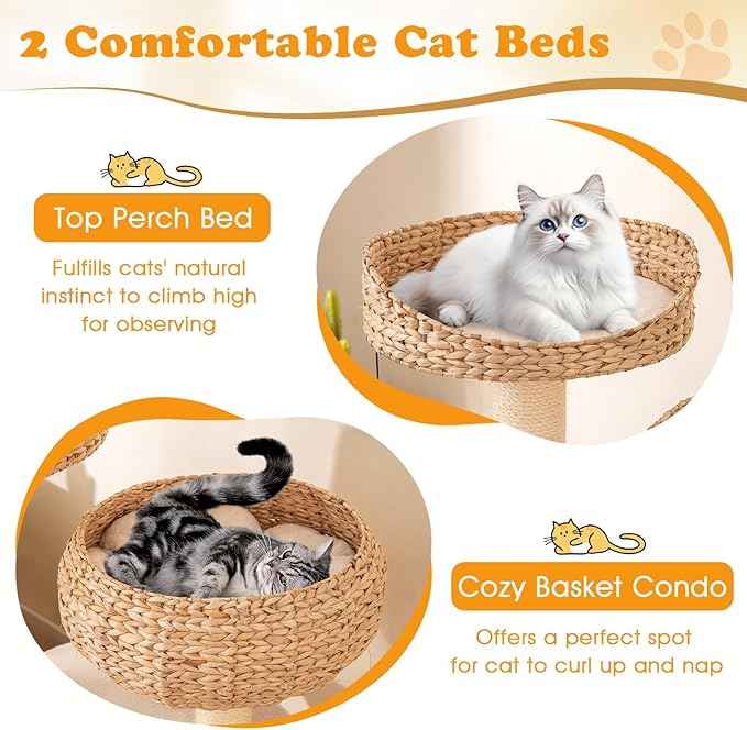 PETSITE 41 Inch Modern Cat Tree for Indoor Cats, Multi-Level Cute Cat Tree with Scratching Posts, Hand-Made Wicker Cat Condo & Top Perch, Dangling Ball, and Sisal Rope, Beige
