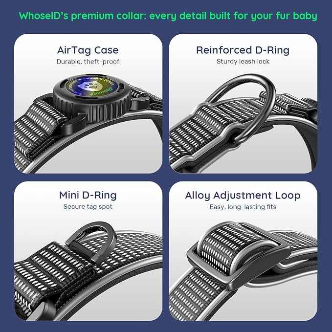WhoseID Premium AirTag Dog Collar - Waterproof Medium Air Tag Dogs Collar | Magnetic Buckle Heavy Duty Collar | Reflective Dog Collar with AirTag Holder