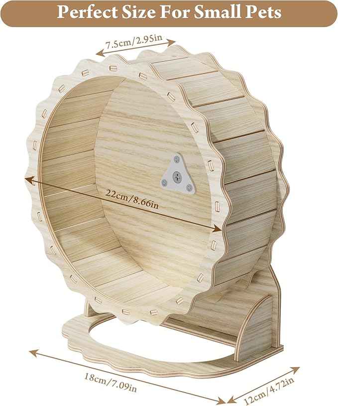 Wooden Hamster Wheel, Silent Running Wheel for Small Pets, 8 Inch Natural Wood Exercise Wheel with Stand, Quiet Spinner for Dwarf Hamsters, Roborovski, Gerbils, Mice and More