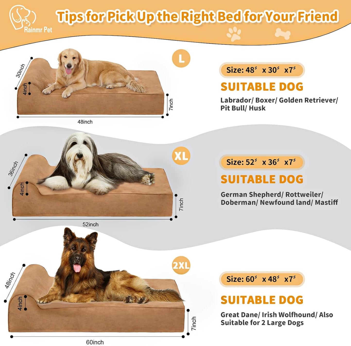 Large Orthopedic Dog Bed, 7" Memory Foam with Waterproof Liner, Chew Resistant Microsuede Cover, Removable and Washable, for Indoor, Outdoor, and Car Use, Nonskid Base, 48"x30" L Khaki