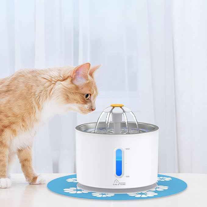 Wonder Creature Cat Water Fountain Stainless Steel, 81oz/2.4L Cat Fountain with Water Level Window and LED Light for Water Shortage Alert, Cat and Dog Fountain with 3 Filters and 1 Mat