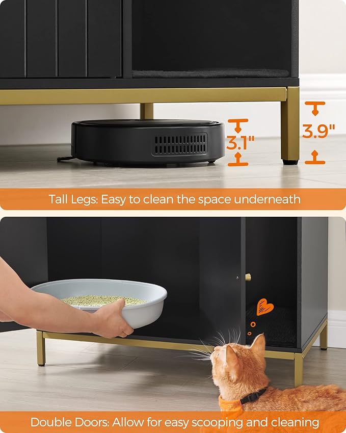 Feandrea Cat Litter Box Enclosure, Hidden Litter Box Furniture with Scratch Pad, Front Entry, Double Cabinet Doors, Modern Style, 31.5" Cat House Washroom Side End Table, Black and Gold