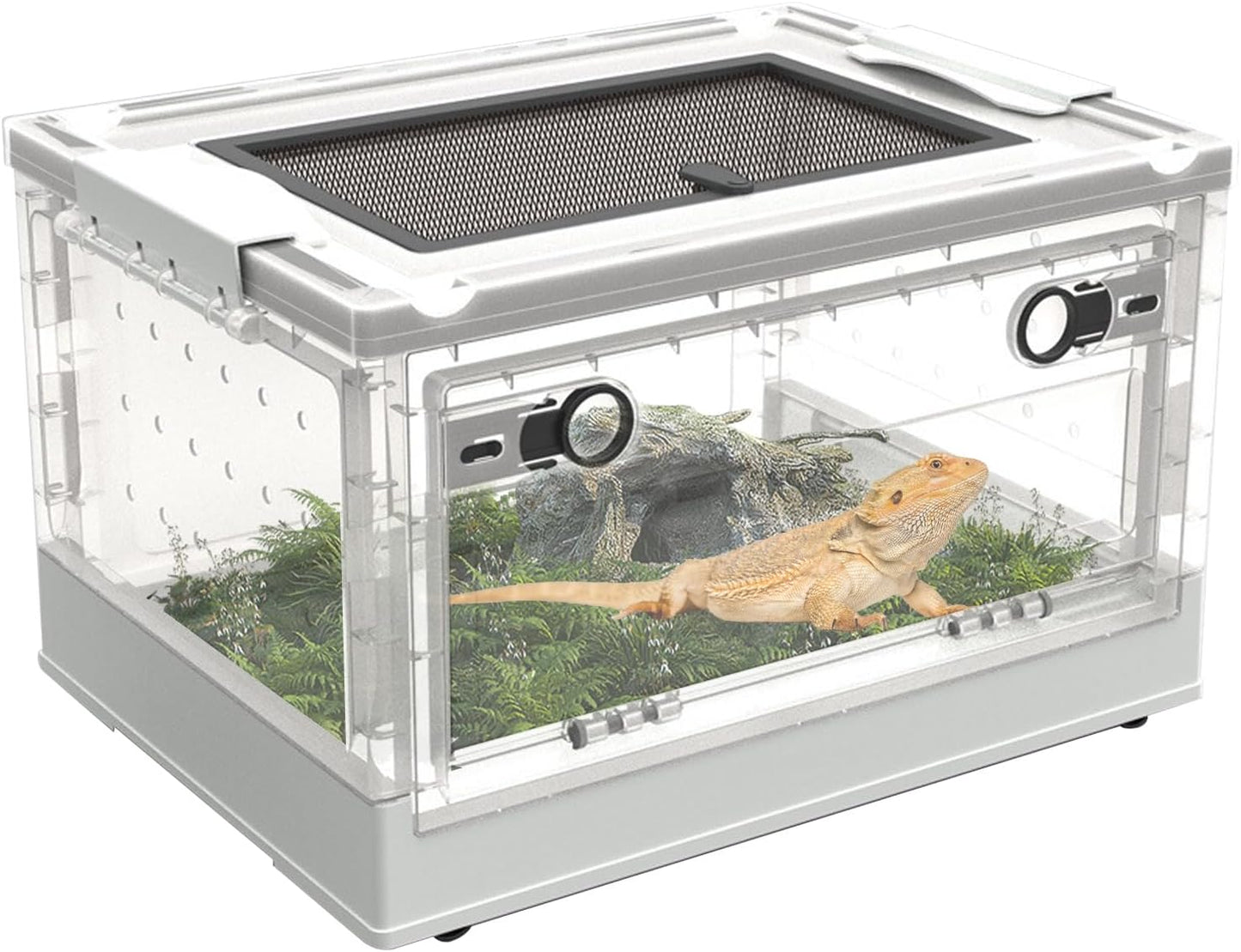 PINVNBY Plastic Reptile Feeding Box with Wheels,Reptiles Breeding Enclosure Cages Transparent Amphibians Habitat Terrarium Tank Portable Transport Container for Lizard,Bearded Dragon(White) - FurryFun