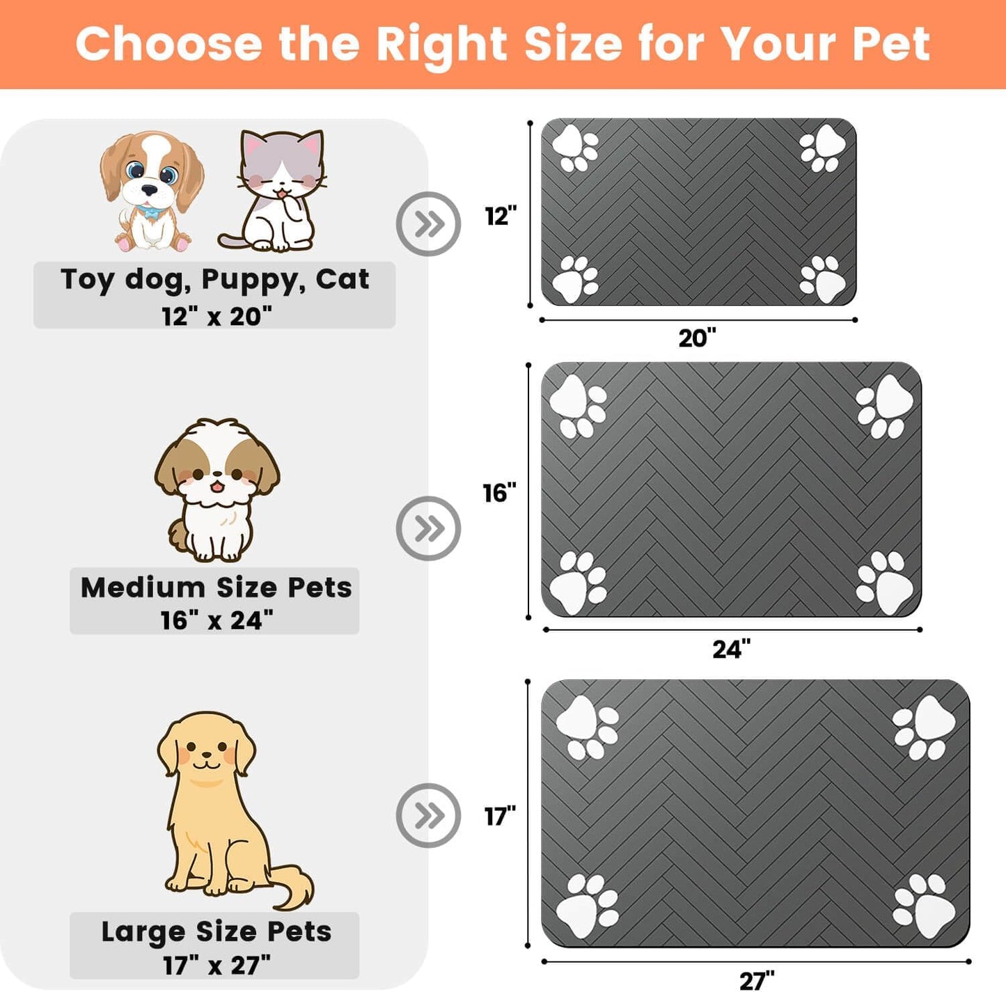 Pet Feeding Mat-Absorbent Pet Placemat for Food and Water Bowl, with Waterproof Rubber Backing, Quick Dry Water Dispenser Mat for Dog and Cat (12"x20", Striped Dark Gray)