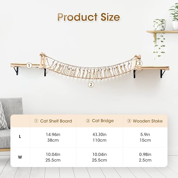 A.FATI Wall-Mounted Cat Roped Bridge Long for Indoor Cats, Cat Wall Shelves for Sleeping, Playing, Climbing, Wooden Cats Bed and Perches with Sisal Scratch Mat