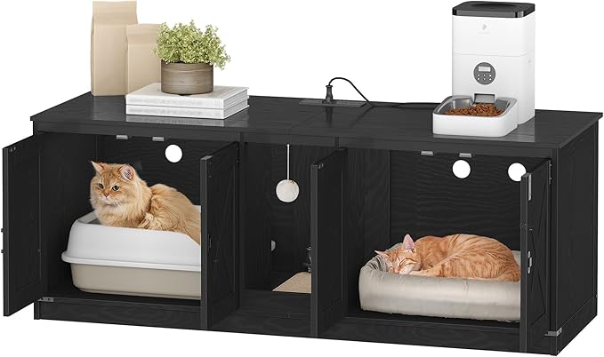 55" L Cat Litter Box Enclosure for 2 Cats, Double Hidden Litter Box Furniture with Scratch Pad, Wooden Cat Cabinet with USB Ports & Power Outlets, Farmhouse TV Stand, Black CB82504X
