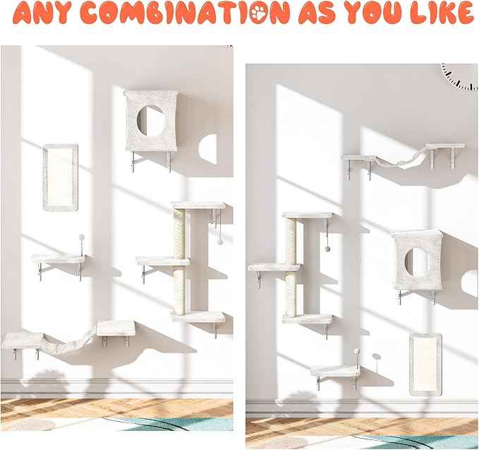 NUNU LAB Wall Mounted Cat Wall Shelves, 10-in-1 Cat Wall Climber with Kitten House, Bridge, Steps, Scratcher, Indoor Space-Saving Furniture for Kittens Play, Beige