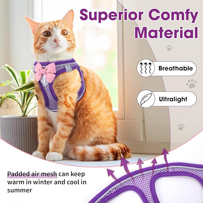 Cat Harness and Leash Set for Walking Escape Proof, Adjustable Kitten Harness Breathable Mesh with Reflective Strips Harness for Kitty Puppy Bunny Purple,Large