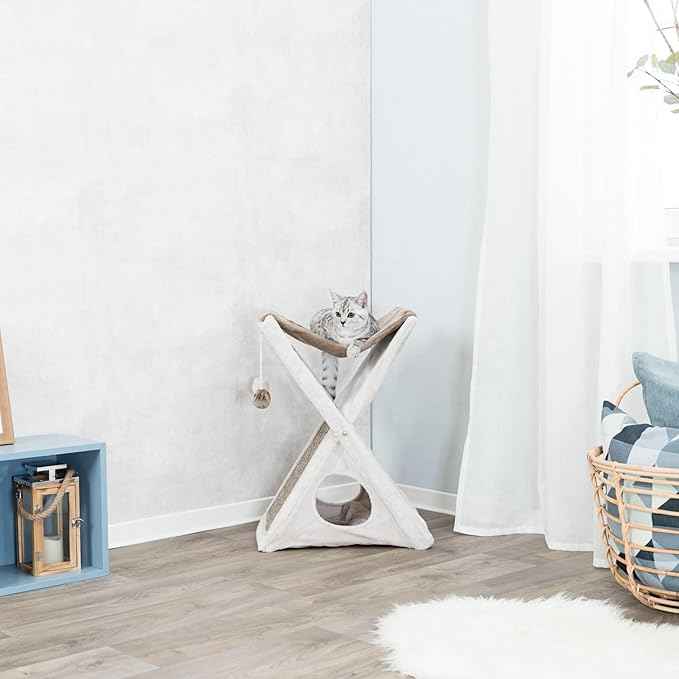 TRIXIE Miguel Fold and Store Cat Hammock, Indoor Cat Furniture with Dangling Toys, Scratching Pad, and Cave, Taupe/Light Gray