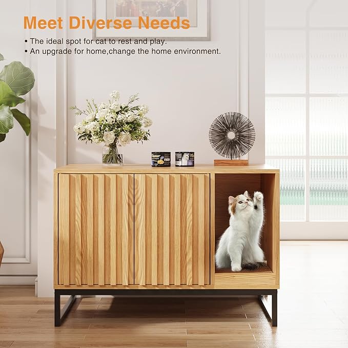 Litter Box Enclosure, Modern Cat Litter Box Enclosure Furniture Hidden Litter Box with Scratch Pad, Cat Washroom House End Table, Entryway Bench for Livingroom (Natural)