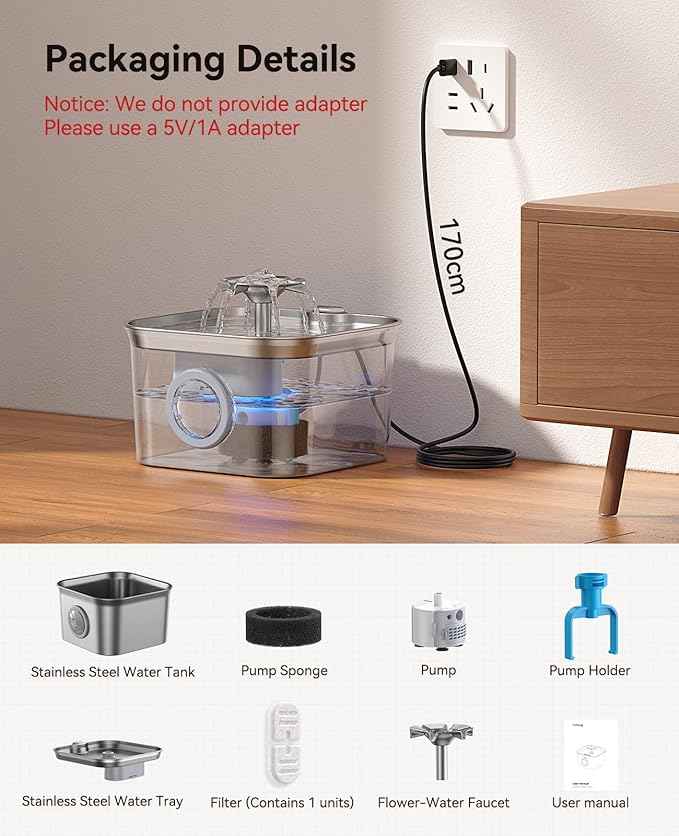 Stainless Steel Cat Water Fountain, 99oz/2.8L Auto Pet Drinking Fountain with 20dB Ultra-Quiet Pump- Ideal for Timid Pets, LED Water Level Window, Dishwasher Safe, 24/7 Circulating Flow - FEELNEEDY