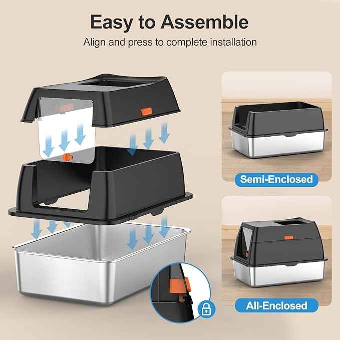 Stainless Steel Litter Box with Lid,Front Entry Top Exit Kitty LitterBox,Extra Large Enclosed Metal Cat Box with Litter Scoop & Litter Mat-Black