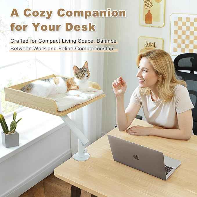 PAWZ Road Cat Desk Bed, Wooden Cat Bed for Desk Supports Up to 50 lbs, 360° Rotation & Adjustable, Nest Desktop Attachment Cats Hammock for Table, Beige