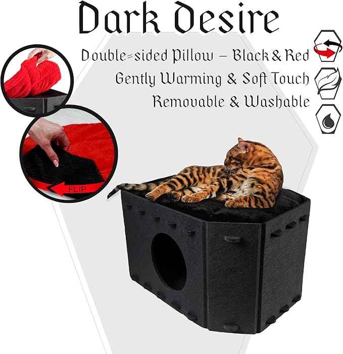 Gothic Cat Bed for Indoor Cats or Pets, Foldable as Halloween Cat House with Soft Cushion for Goth Bed, Gothic Cat House, Coffin Shape Cat Cave Bed, Black and Red Color Halloween Cat Bed