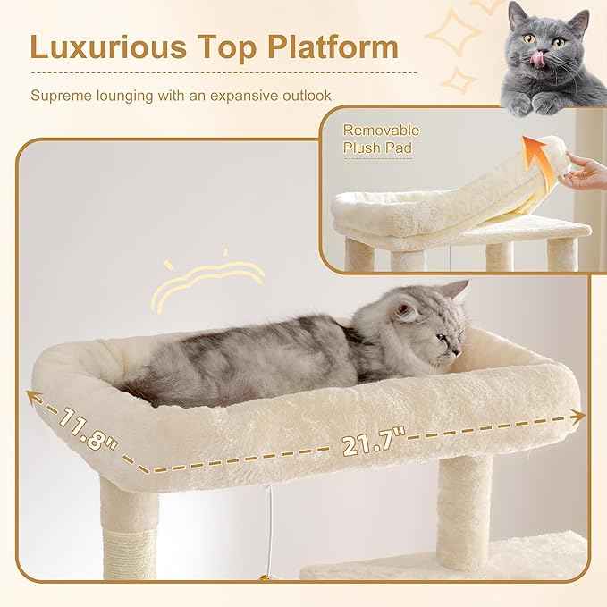 Heybly Cat Tree, 76-Inch Tall Heavy Duty Cat Tower for Big Cats with Extra Wide Baseboard, Multi-Level Large Cat Furniture with 2 Condos & 2 Hammocks, 10 Scratching Posts, Beige HCT039M