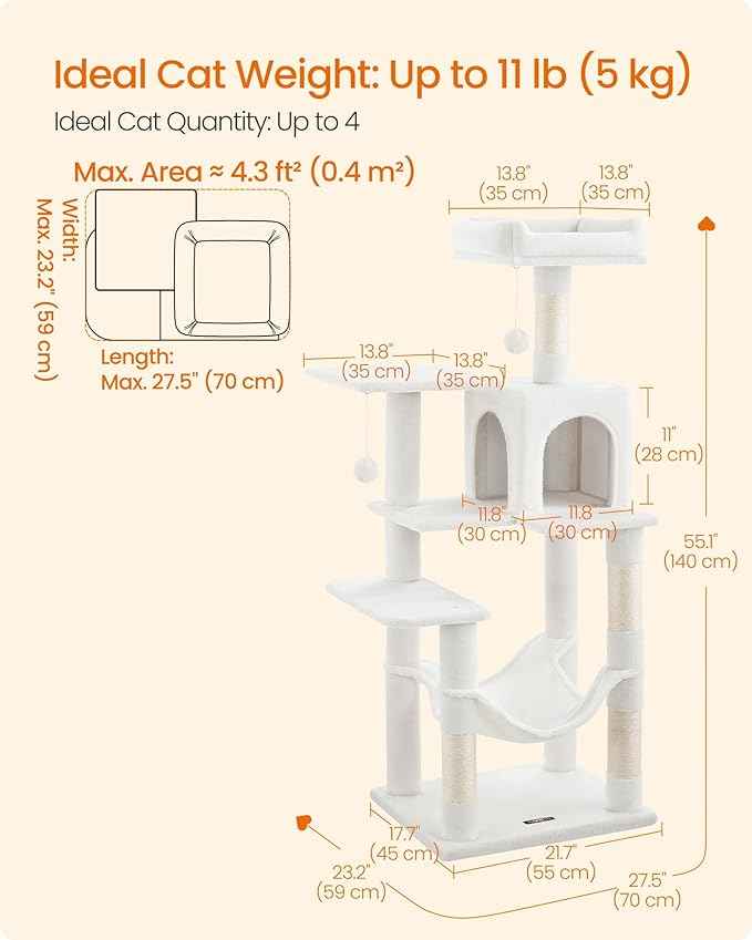 Feandrea Cat Tree, 55.1-Inch Cat Tower, Plush Multi-Level Condo with 4 Scratching Posts, 2 Perches, Hammock, Cave, Cream White UPCT161T01
