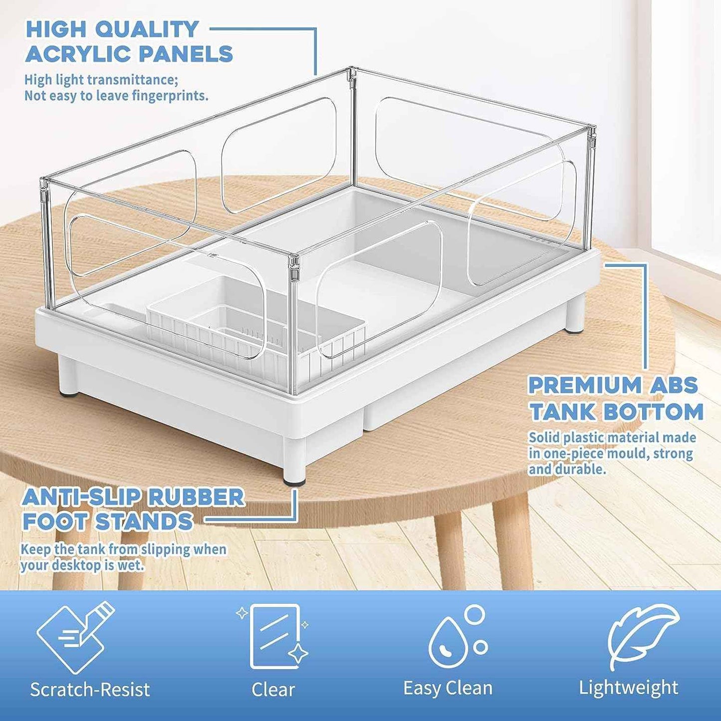 Small Turtle Tank Kit(Tank+Light+Filter), Acrylic Turtle Tank Starter Kit with Basking Platform, Bottom Drainage, Multi-Function Areas for Turtles, Crayfish, Small Reptiles.(White+Black)