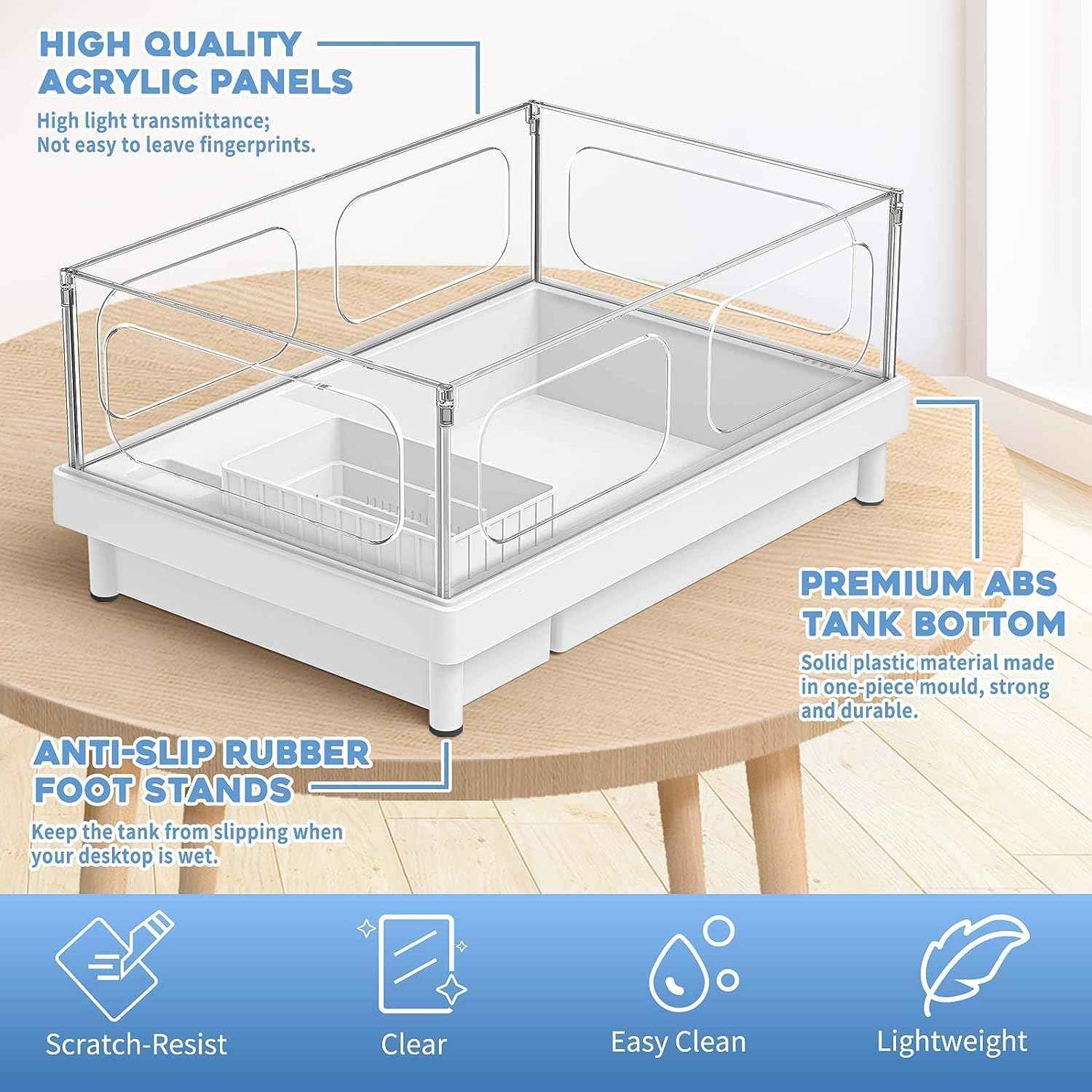 Small Turtle Tank Kit(Tank+Light+Filter), Acrylic Turtle Tank Starter Kit with Basking Platform, Bottom Drainage, Multi-Function Areas for Turtles, Crayfish, Small Reptiles.(White+Black)