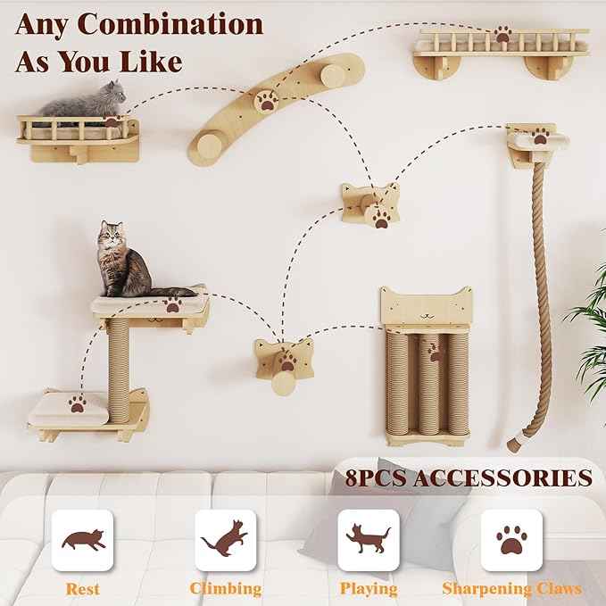 BYBYME 8 Pcs Cat Wall Climbing Set, Wood Cat Furniture with Scratching Posts, Kitten Perch, 100CM Sisal Rope & Cat Bed, Wall Mounted Cat Shelves for Sleeping, Playing & Relaxing（Natural Wood）