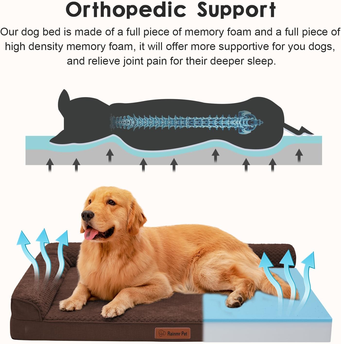 Orthopedic Dog Bed, 3 Inch Memory Foam Dog Beds for Large Dogs, Washable Removable Cover, Nonskid Bottom, Waterproof Pet Couch for Indoor, Outdoor or Car Use, 44x32 Inches XXL Brown Grey