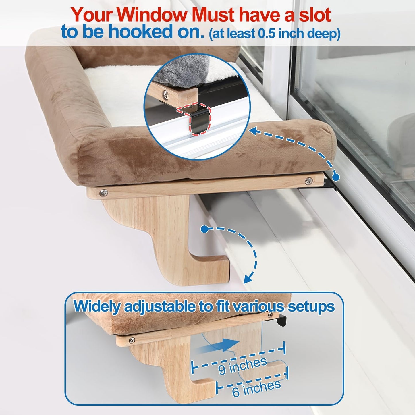 Cat Perch for Window Sill with Bolster - Orthopedic Hammock Design with Premium Hardwood & Robust Metal Frame - Cat Window Seat for Large Cats and Kittens - Natural Color Wood with Gray Bed