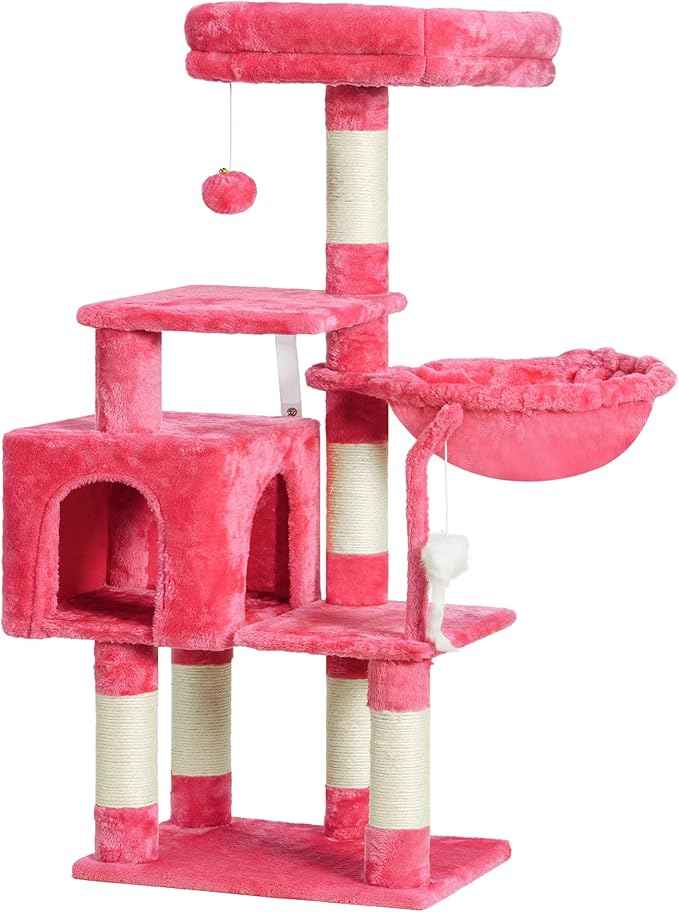 Heybly Cat Tree with Toy, Cat Tower Condo for Indoor Cats, Cat House with Padded Plush Perch, Cozy Hammock and Sisal Scratching Posts, Flamingos HCT004SF