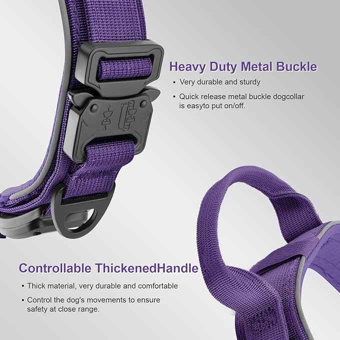 2026 Upgrade Dog Collar with IPX8 Waterproof AirTag Holder,Military Tactical Comfortable Control Handle and Ultra-Durable Metal Buckle/Night Reflective,GPS Collar for Medium to Large Dog（Purple/M）