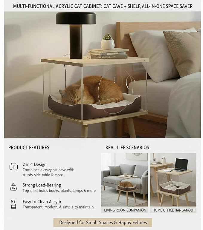 Cat Bedside Table with Acrylic Guardrail | Modern Cat & Dog Bed | Multifunctional Pet Bedside Cabinet | Cat Beds for Indoor Cats