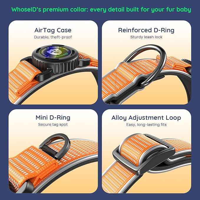 WhoseID Premium AirTag Dog Collar - Air Tag Small Dog Collar | Fur-Safe Magnetic Buckle | IPX8 Waterproof Reflective Dog Collar with AirTag Holder