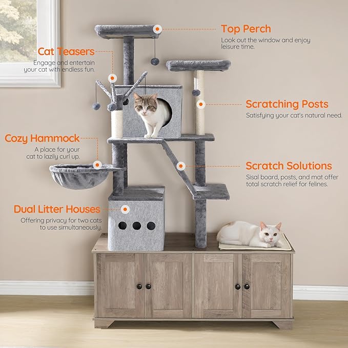 HOOBRO Double Litter Box Enclosure with Cat Tree, 45.3" L x 17.7" W x 68.9" H All-in-One Modern Cat Tower with Bed, Hidden Litter Box Enclosure Furniture, with Hammock, Sisal Posts, Greige BG22MZ03