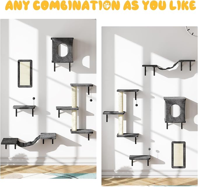 10-in-1 Cat Wall Shelves, Wooden Cat Climbing Wall with Scratching Post, Cat Wall Mounted Furniture for Climbers, Space-Saving Cat Wall for Play & Rest, Drywall & Solid Walls