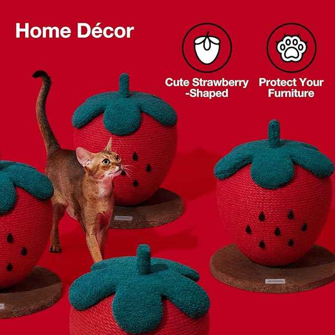 VETRESKA Strawberry Cat Scratching Post, Cute Cat Scratcher with Jute Rope, Vertical Cat Scratch Post for Indoor Cat and Kitten, Ring Paper Strawberry Leaves Attract Cats
