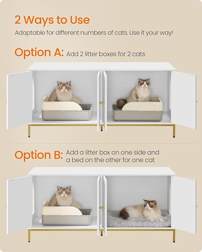 Feandrea Double Cat Litter Box Enclosure, Hidden Litter Box Furniture with Double Room, for 2 Cats, Modern Style, 47.2" Pet House Washroom Cabinet, Side End Table, TV Stand, White and Gold