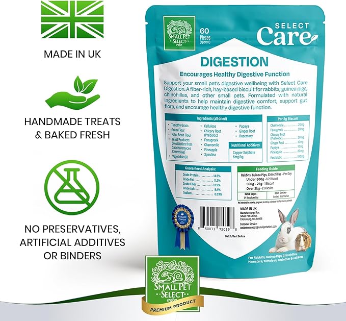 Small Pet Select - Select Care Digestion Support Supplement, Natural High Fiber Timothy Hay Based Treats for Rabbits, Guinea Pigs, Hamsters, Other Small Animals, 4.2 oz