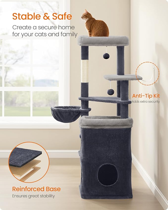 Feandrea Cat Tree, 60-Inch Cat Tower, Multiple-Level Plush Condo with 2 Caves, 3 Scratching Posts, 3 Perches, Dark Gray UPCT007G02