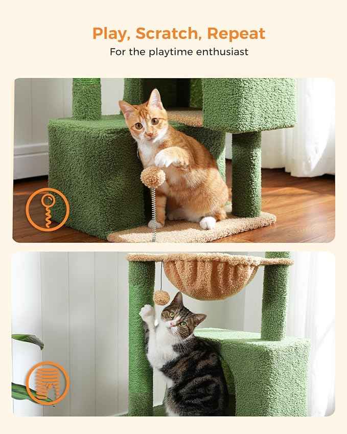 45-Inch Green Cat Tree with 2 Condos for Indoor Cats,Cat Tower with Scratching Posts for Small Cats,Cactus Cat Tree Tower with Hammock and Cat Toys