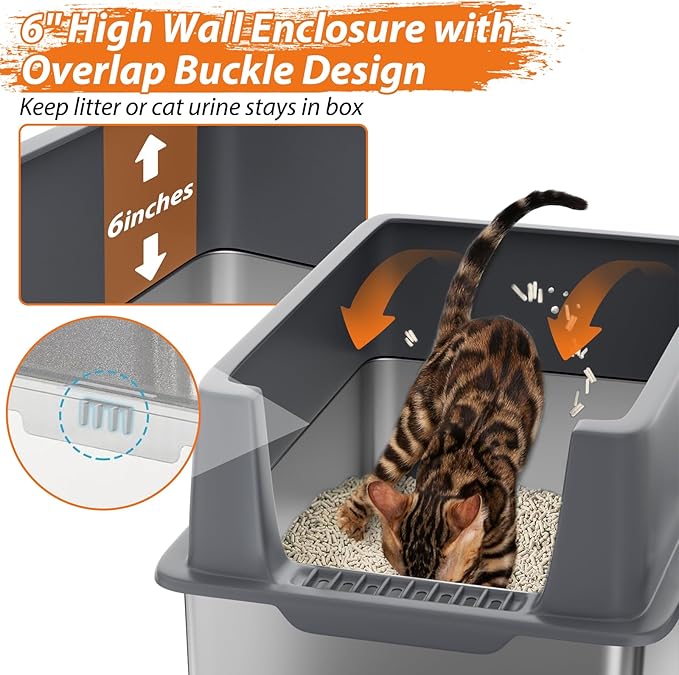 Stainless Steel Litter Box with Lid, 2 Pack XL Metal Cat Litter Box with Removable High Sided Enclosed, Foot Pedal & Scoop & Litter Mat for Big Cats, Anti-Urine Leakage, Non-Stick Bottom